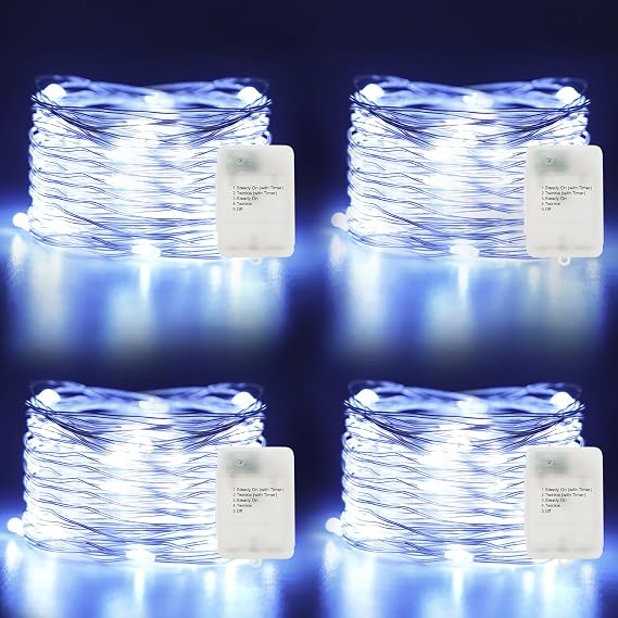 Fairy Lights 電池式 4個パック 16.4フィート 50個のLED シルバー銅線 きらめくライト ハロウィン クリスマス 寝室 屋内 屋外 結婚式 寮 パーティー 休日 庭の装飾用 クールホワイト