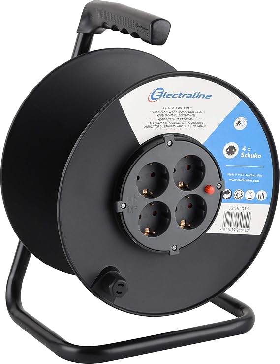 Electraline 94014 Empty Cable Reel Housing, 4 Sockets, Roll Capacity 50 Metres, Grey