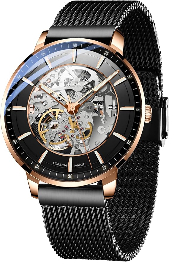 SOLLEN Mens Skeleton Automatic Watches,Double-Sided Skeleton Watch for Men