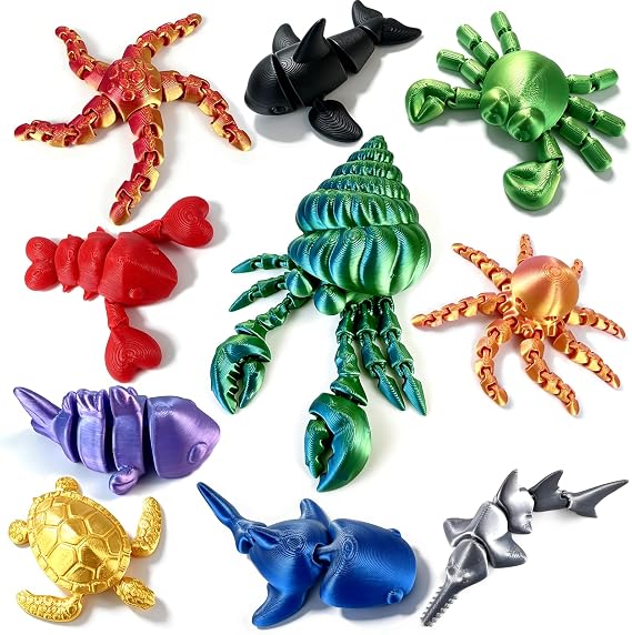 10 PCS 3D Printed Sea Animals, Flexible 3D Printed Animals, Articulated 3D Printed Fidget Toys, 3D Printed Fidget Animals Bulk, Stress Relief Desk Toys