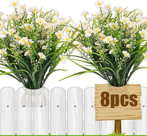 Leixi 8pcs Artificial Flowers,UV-Resistant Artificial Plants, Faux Daisy Flower Shrubs Plants Indoor Outdoor Hanging Planter Kitchen Home Wedding Office Garden Decor (White)