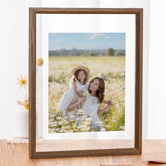 Solid Oak Wood Floating Picture Frame 11x14 & Double Tempered Glass, Walnut