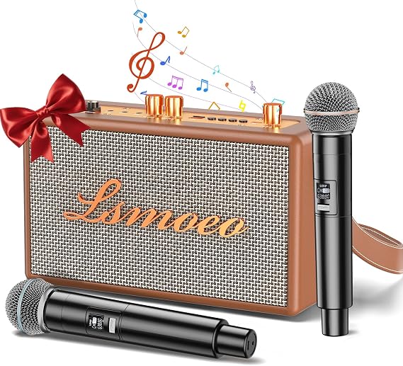 Karaoke Machine for Adults,2 Wireless Microphones for Karaoke Speaker, Portable Microphone and Speaker Support Four-Channel Microphone Expansion for Home Party,Picnic,Car,Indoor/Vintage Gifts-Brown