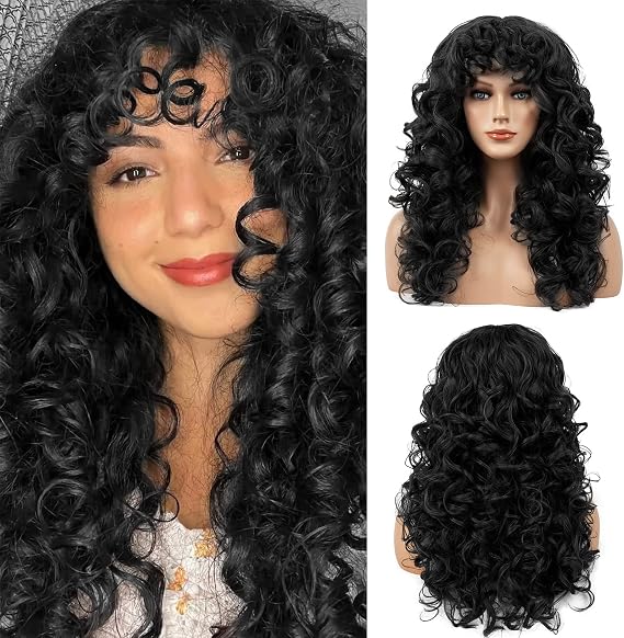 FLUFYMOOZ Curly Wig with Bangs for Women, 20 Inch Natural Black Curly Gorgeous Shag Hair Wig, Curls with Wispy Bangs Heat Resistant Soft Synthetic Wig for Women Daily Cosplay（Natural Black)