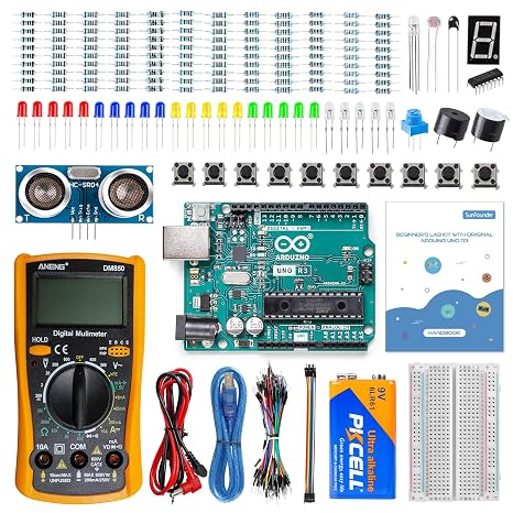 SunFounder Beginners Lab Starter Kit - Original Arduino Uno R3 REV3 Board with Multimeter, 25 Projects from Basic to Application, HCSR-04 Sensor, Button, Temperature Sensor, LED, Microcontroller Programming, Online Tutorials