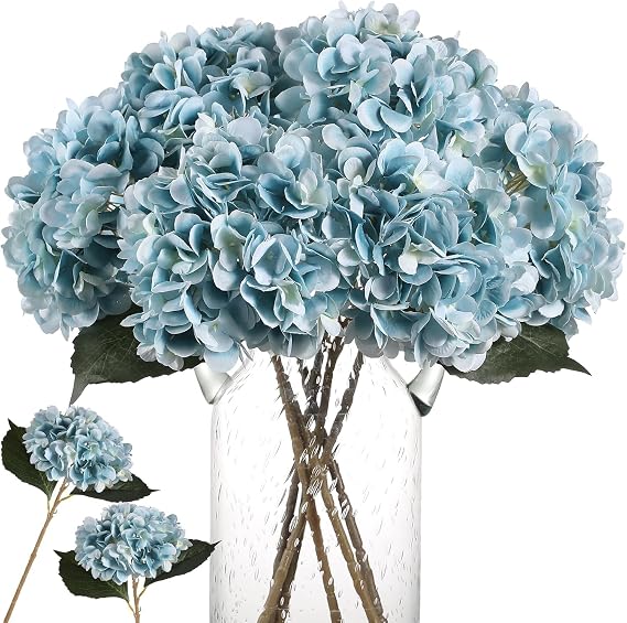 Kisflower 6Pcs Hydrangea Artificial Flowers Realistic Fake Hydrangea Flowers Silk Flowers Bouquet for Wedding Party Office Home Decor (Blue)