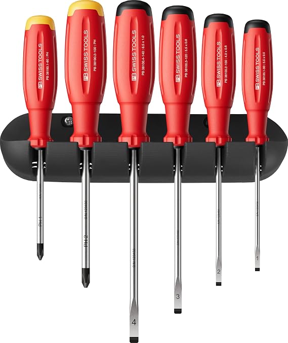 PB Swiss Tools Slotted + Phillips Screwdriver Set PB 38244.H CBB | 100% Swiss Made | 6-Piece SwissGrip Evo Screwdriver Set, Size Flat 1-4, PH 1-2, Including Practical Wall Mount