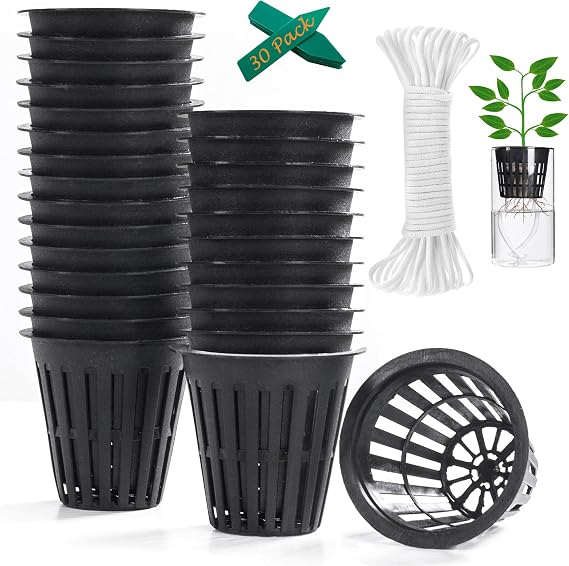 ORIMERC 30 Pack 2 Inch Hydroponic Pots with 30 Feet Self Watering Wick and 30 Labels for Plants, Hydroponic Cup, Mesh Cup, Vegetable Pot, Orchid