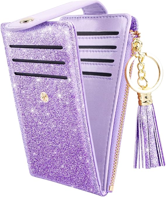 スリムカードホルダー財布 女性用 Rfidブロック レザー マルチカード 二つ折り財布 タッセルジッパーコインポケット付き パープルグリッター, パープル グリッター, ヴィンテージ