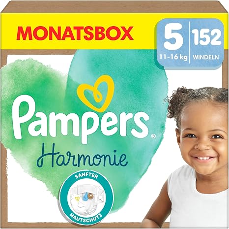 Pampers Baby Nappies Size 5 (11-16 kg) Harmonie Monthly Box Gentle Skin Protection and Plant-Based Ingredients Pack of 152