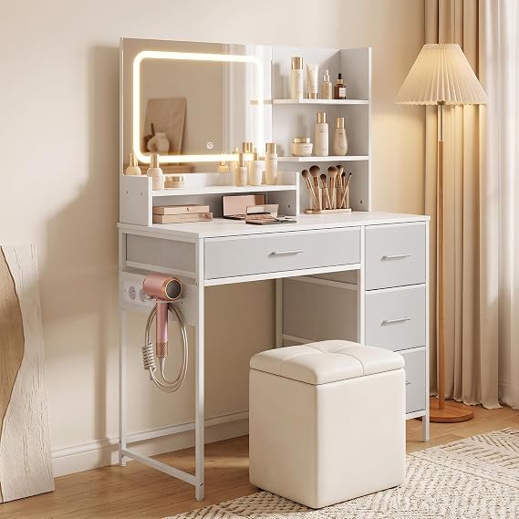 HOMCOM Makeup Vanity with LED Mirror with Charging Station White