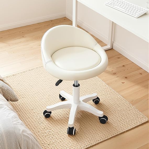 Small Desk Chair With Wheels, Ergonomic Swivel Vanity, Adjustable Height Faux Leather Computer Chair For Home Office Bedroom Study, Modern Dressing Table Beige
