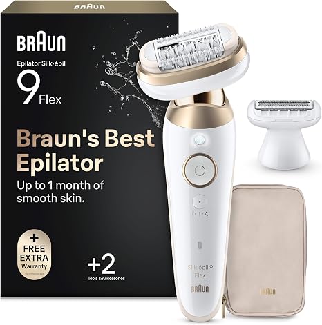 Braun Silk-épil 9 Flex Women's Epilator with Flexible 360° Head Wet & Dry Long-Lasting Smooth Skin Ladyshaver Shaving Attachment and Trimmer Attachment Made in Germany 9-041 3D White/Gold