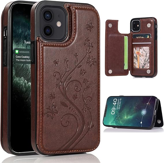 財布型電話ケース iPhone 13 Mini用 カードスロット付き、バタフライフラワーフリップレザー iPhone 13 Miniフォンケース スタンド付き レディース メンズ ブラウン