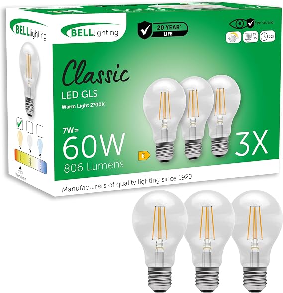 BELL Lighting E27 Edison Dimmable LED Filament GLS Bulbs 7W 806lm 3 Pack [Energy Class F]