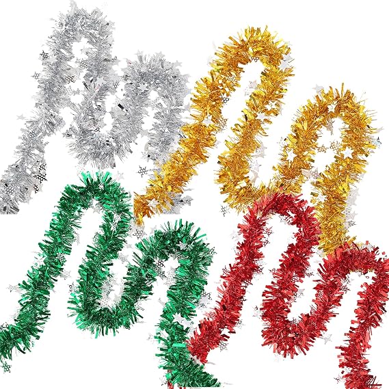 4 Pcs Christmas Tinsel Christmas Tree,Metallic Red Green Gold Silver Thin Tinsel String Garland Hanging Decoration,Glitter Ribbon Shiny Ornaments New Year Party Indoor/Outdoor Decorations