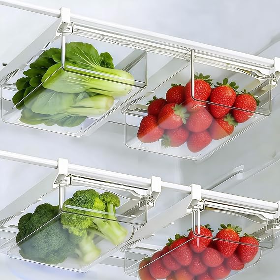 2PCS Expandable Fridge Organizer – Removable Drawers for Refrigerator, Adjustable Transparent Storage Box, BPA Free Plastic Fridge Organizer for Vegetables, Fruits and Eggs