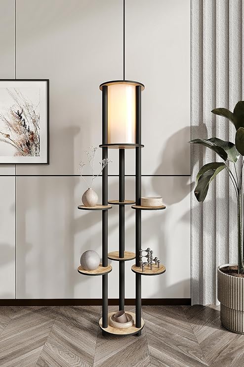 VOLANTE Raflı Lambader Meşe – 140 cm Modern Zemin Lambası, 2 Raflı Dekoratif Ayaklı Lamba, E27 Uyumlu LED Lambader, Aletsiz Kurulum, MDF Gövde [Enerji Sınıfı A]