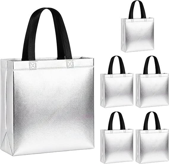 Glossy Silver Gift Bags, 6Pcs Reusable Party Favor Bags for Gifts, Non-Woven Tote Gift Bag with Handles Holiday Goodie Bag for Birthday Wedding Bachelorette Party Favor Supplies