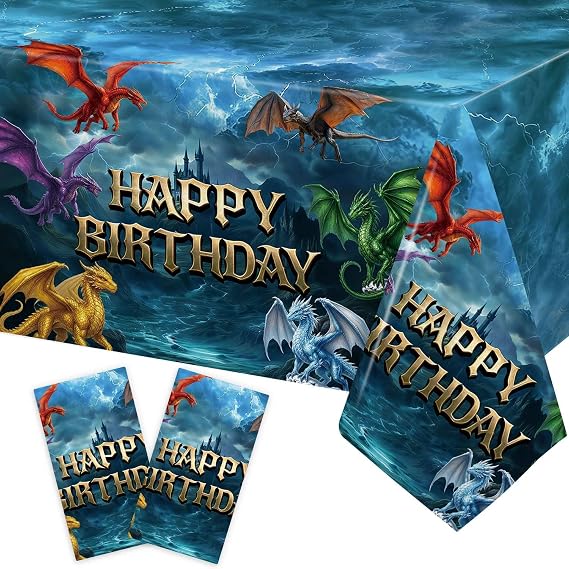 2 Pack Dragon Party Table Cloth, Large 137 x 274cm Disposable Table Covers Mythical Fantasy Dragon Birthday Decorations for Medievall, Knight & Castle Themed Birthday Supplies
