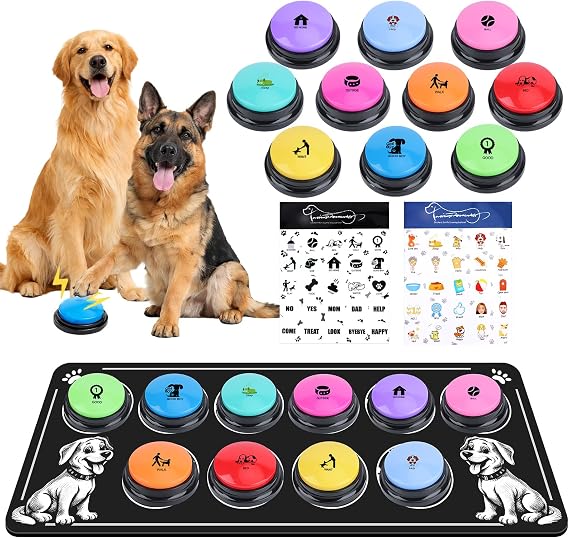 コミュニケーション用犬用ボタン、10パック 音声録音可能なボタン 犬の話すボタンセット マット2枚とステッカー2枚付き インタラクティブブザー 勉強 オフィス 自宅用 10色