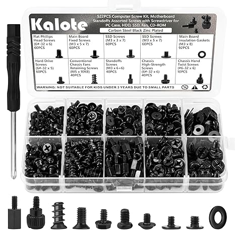 522Pcs Computer Screws Kit with Screwdriver, Black Carbon Steel