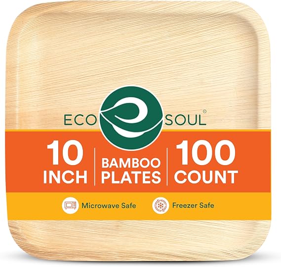 ECO SOUL 10 Inch Disposable Bamboo Plates (100 Pack, Square)