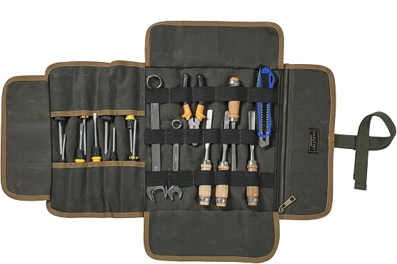 Canvas Tool Roll, 16OZ Waxed Canvas Tool Carrier Roll - Multipurpose Wrench Storage Roll with 9 Slots & 1 Zippered Pocket & Elastic Band, for Electrician Contractor Repairman - Army Green