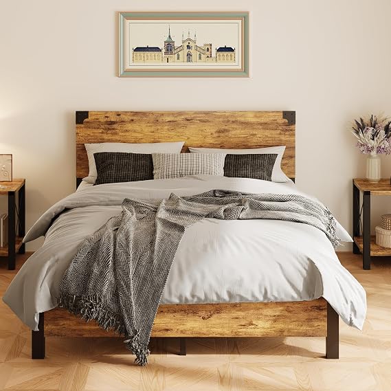 Queen Size Bed Frame, Heavy Duty Metal Bed Frame King Size with Steel Frame, MDF Wood Rustic Headboard, Sturdy Metal Slat Support & Reinforced Brackets for Bedroom, Easy Assembly 205x153x95cm