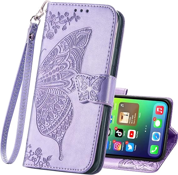 iPhone 16E用携帯電話ケースウォレット、女性用フリップフォリオカバー、クレジットカードホルダー付きバタフライフラワーエンボスPUレザー財布磁気リストストラップキックスタンドケース、iPhone 16E用ライトパープル