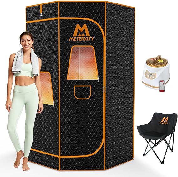 M METERXITY Portable Sauna for Home, Extra Large Sauna Box, Thickened 600D Thermal Sauna Tent, 3L 1500W Steamer, 9 Levels Heat, 60 Mins Timer, 300LBS Folding Chair, Remote Control