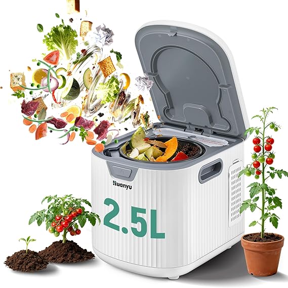 Huanyu Electric Kitchen Compost Bin 2.5L Electric Composter for Kitchen Odorless Indoor Food Recycler with Auto Cleaning Function Low Noise Composter Indoor Electric