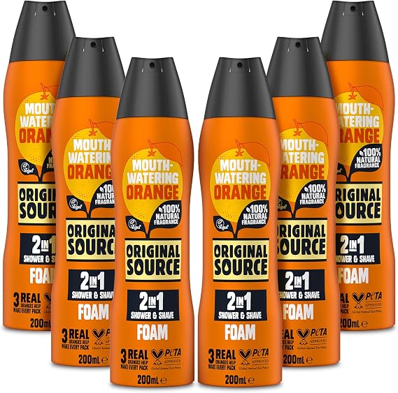Original Source Orange 2 in 1 Shower and Shave Foam (Pack of 6)|100 Percent Natural Fragrance | Vegan, Cruelty Free, Paraben Free|Bulk Buy, 6 x 200ml