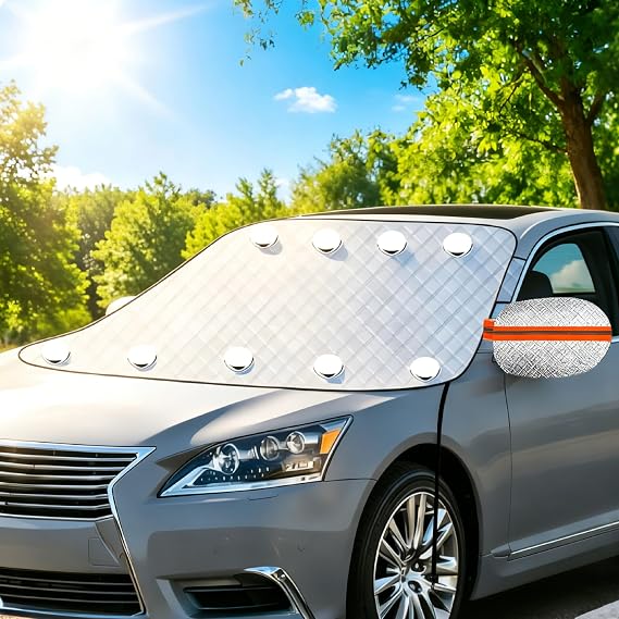 Car Windshield Sun Shade, Sun Cover for Car with 9 Strong Magnets & 2 Adjustable Straps, Car Windscreen Snow & Ice Protector for SUV (160x116cm), Essential Car Accessories for Summer Winter