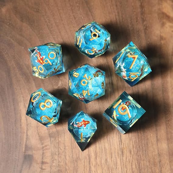 Liquid Core Resin Sharp Edged Polyhedral Dice Set, 7pcs - Koi Fish Ocean Themed RPG Dice for Dungeons and Dragons