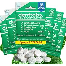 DENTTABS Toothbrushes Tablets Without Fluoride (6 x 125 Pieces) Mild and Pleasant, Vegan, Natural Cosmetics