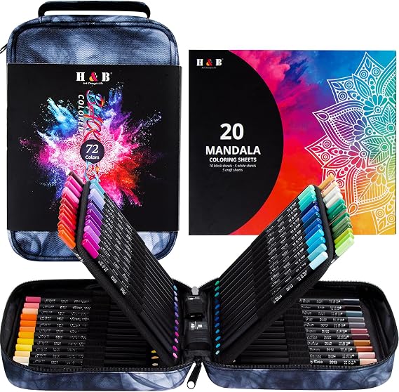 H & B Colored Pencil Set 72pcs with Mandala Coloring Sheets Art Supplies Drawing Kit for Adult Coloring and Kids