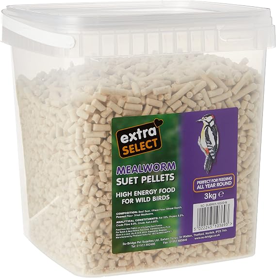 Extra Select Mealworm High Energy Suet Pellets Wild Bird Food - Protein, Fat Rich Year-Round Feeding - 3 kg Reusable Bucket