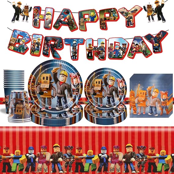 Roblo Party Tableware Set Kids Ro- Blox Birthday Decorations Boys Party Supplies with Happy Birthday Banner ParTy Plates Tablecloth Napkins for Theme ParTY Decorations