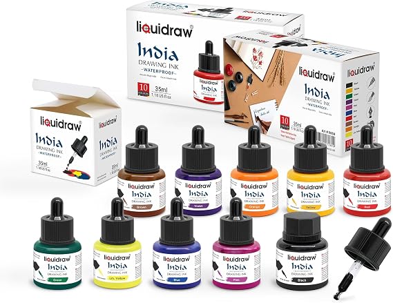 Liquidraw Waterproof Coloured Drawing Ink, 10 Assorted Colours - 35ml