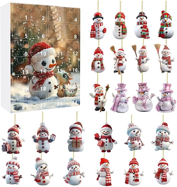 Christmas Countdown Calendar 2024 Christmas Holiday Advent Calendar Snowman Playing Baby Pendant Decoration 2D Ornament Set Home (White, 26X18cm)