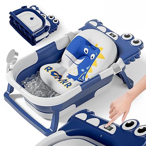 Foldable Baby Bath with Non-Slip Bath Pillow XXL Baby Bath Seat and Bath Thermometer From Birth to 3 Years Baby Bathtub Birth Gifts for Girls and Boys
