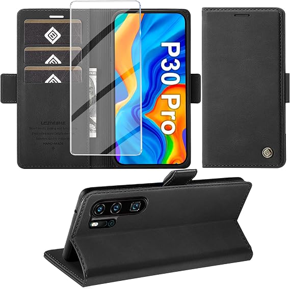 Giyer Mobile Phone Case for Huawei P30 Pro Case with Screen Protector Stand Function Card Slot Wallet Premium Leather Protective Case P30 Pro Flip Case Cover Shockproof Flip Case for Huawei P30 Pro 6.47 Inch (Black)