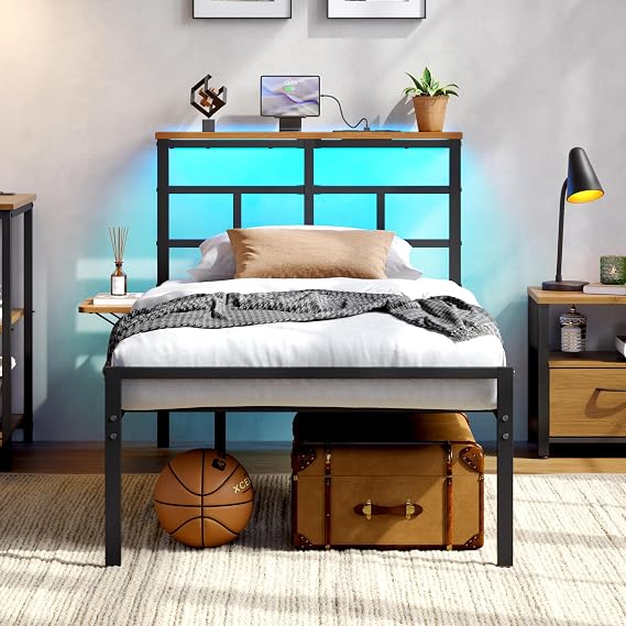 Yaheetech Single Metal Bed Frame with LED Lights Charging Station