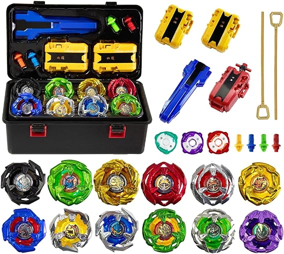 Battling Tops, 12 Top Sets, 3 Launchers, 1 Handle, 3 Center Rings and 4 Bases, with Storage Box, Birthday Gift, AA