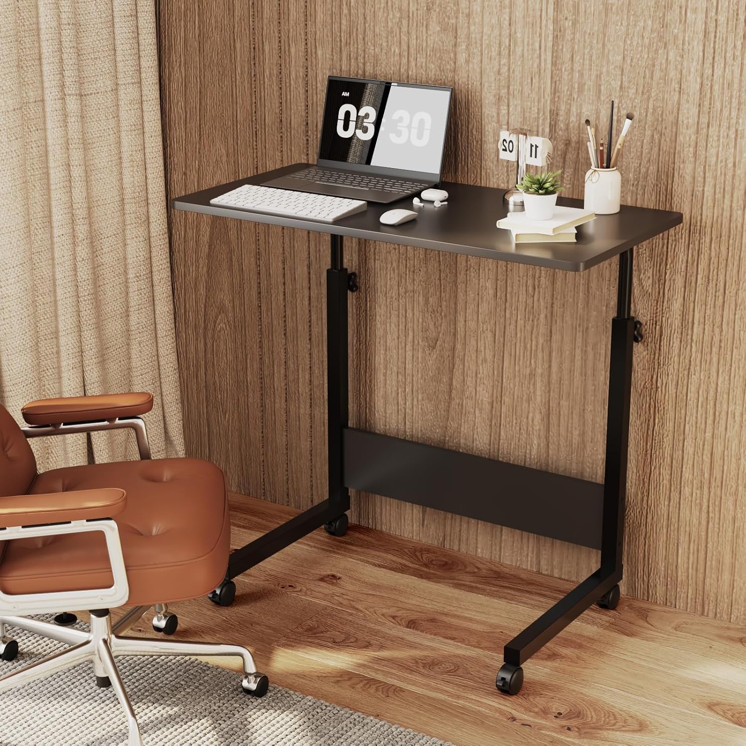 Bonnlo Side Mobile Table Laptop Table 80x40cm,Height Adjustable Rolling Desk with Locking Wheels & Edge Stopper, Portable Workstation for Bedroom Living Room Office(Black)