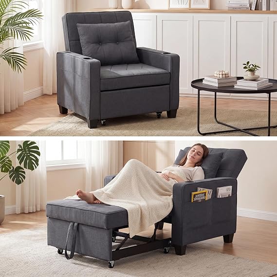GRAVFORCE Sofa Bed Convertible 3 in 1 Sleeper Chair Bed Single Dark Gray
