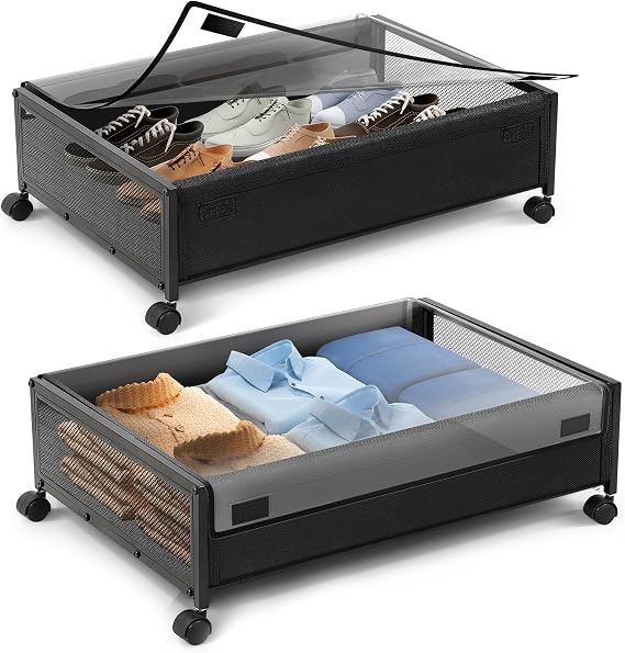 Warmiehomy Underbed Storage on Wheels 2 Pack Storage Boxes with Lid Metal Frame Under Bed Shoe Storage Visible Under The Bed,Storage for Clothes Shoes Toys Blankets