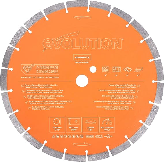 Evolution 12 Inch Premium Diamond Blade With Segmented Edge and High Diamond Concentration, 1 In Bore