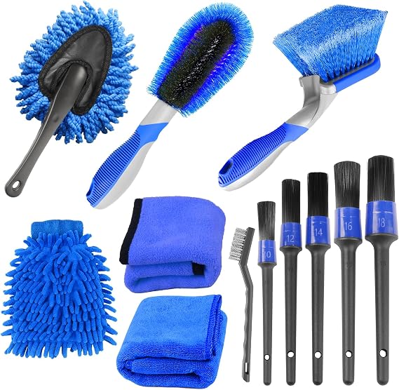 Car Cleaning Kit 12PCS Car Detailing Kit Wheel Cleaning Brush Tyre Brush Wire Brush Exterior and Interior car washing set for Car Motorcycle Bike Cleaning Wheels, Engine, Emblems, Air Vents